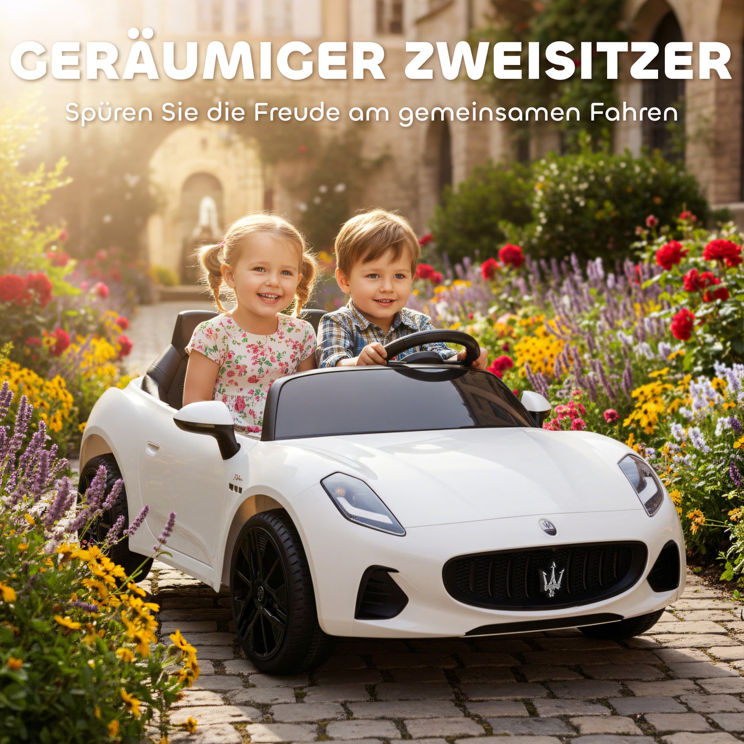 AIYAPLAY Maserati Elektroauto für Kinder, 2-Sitzer, 12V Batteriebetrieb, Fernbedienung, LED-Lichter, Musikfunktion, Weiß