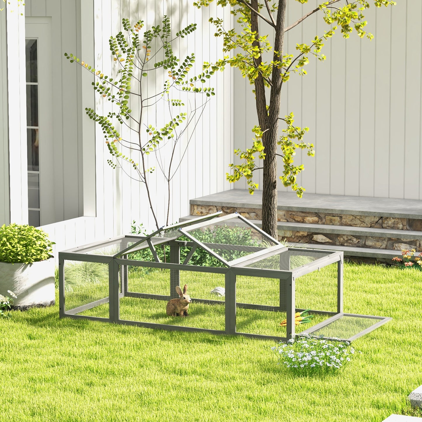 Pawhut Freilaufgehege für Kleintiere Aufklappbares Dach Tannenholz Grau