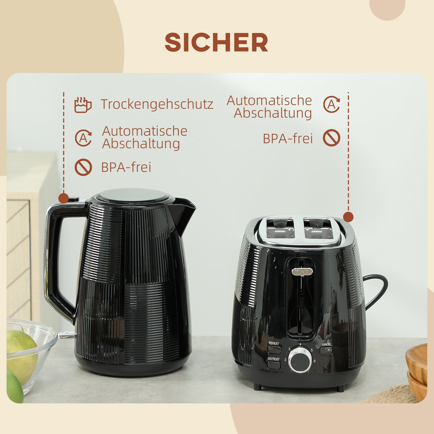 HOMCOM Wasserkocher- und Toaster-Set, 1,7 L, verschiedene Funktionen, Edelstahl, Schwarz