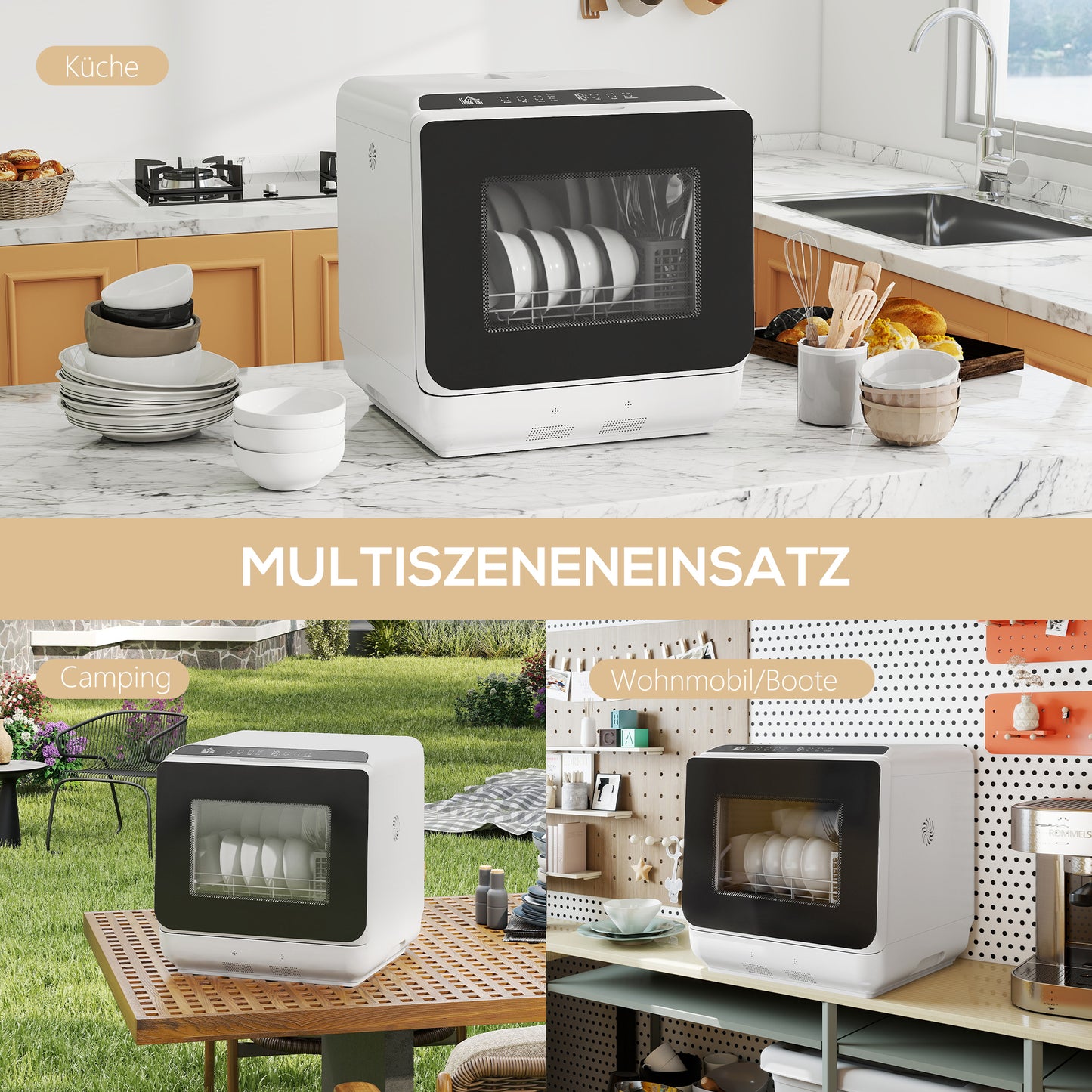 HOMCOM Tischgeschirrspüler, Mini-Geschirrspüler mit 6-Liter-Tank, 5 Programme, LED-Anzeige, Trocknungsfunktion, Weiß