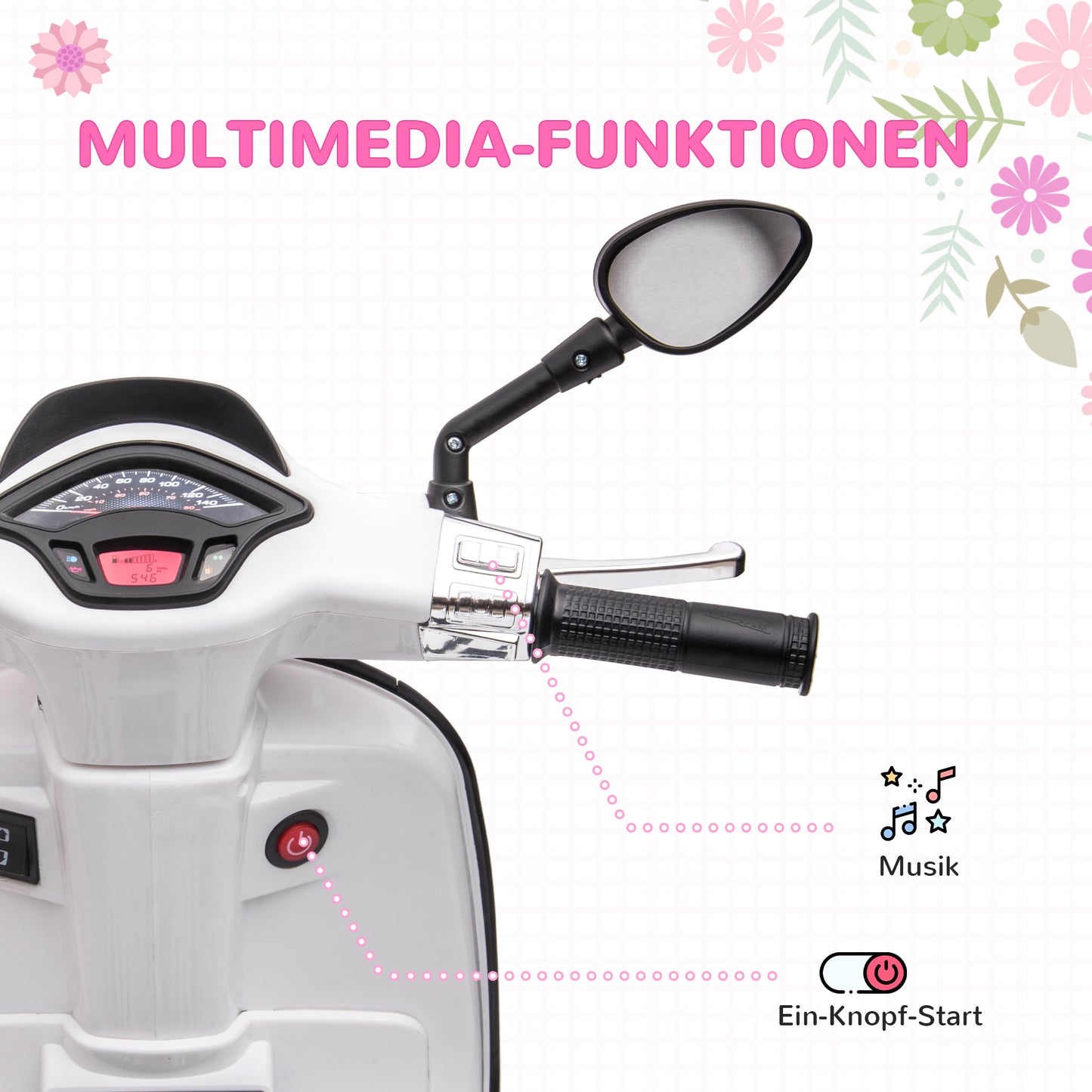 AIYAPLAY Elektro-Kindermotorrad, Vespa, 3 km/h, 3-6 Jahre, Musik, Licht & Radio, Weiß