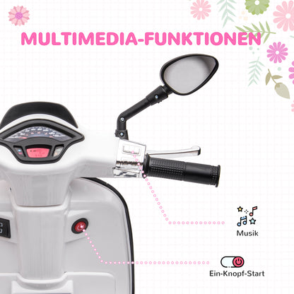 AIYAPLAY Elektro-Kindermotorrad, Vespa, 3 km/h, 3-6 Jahre, Musik, Licht & Radio, Weiß