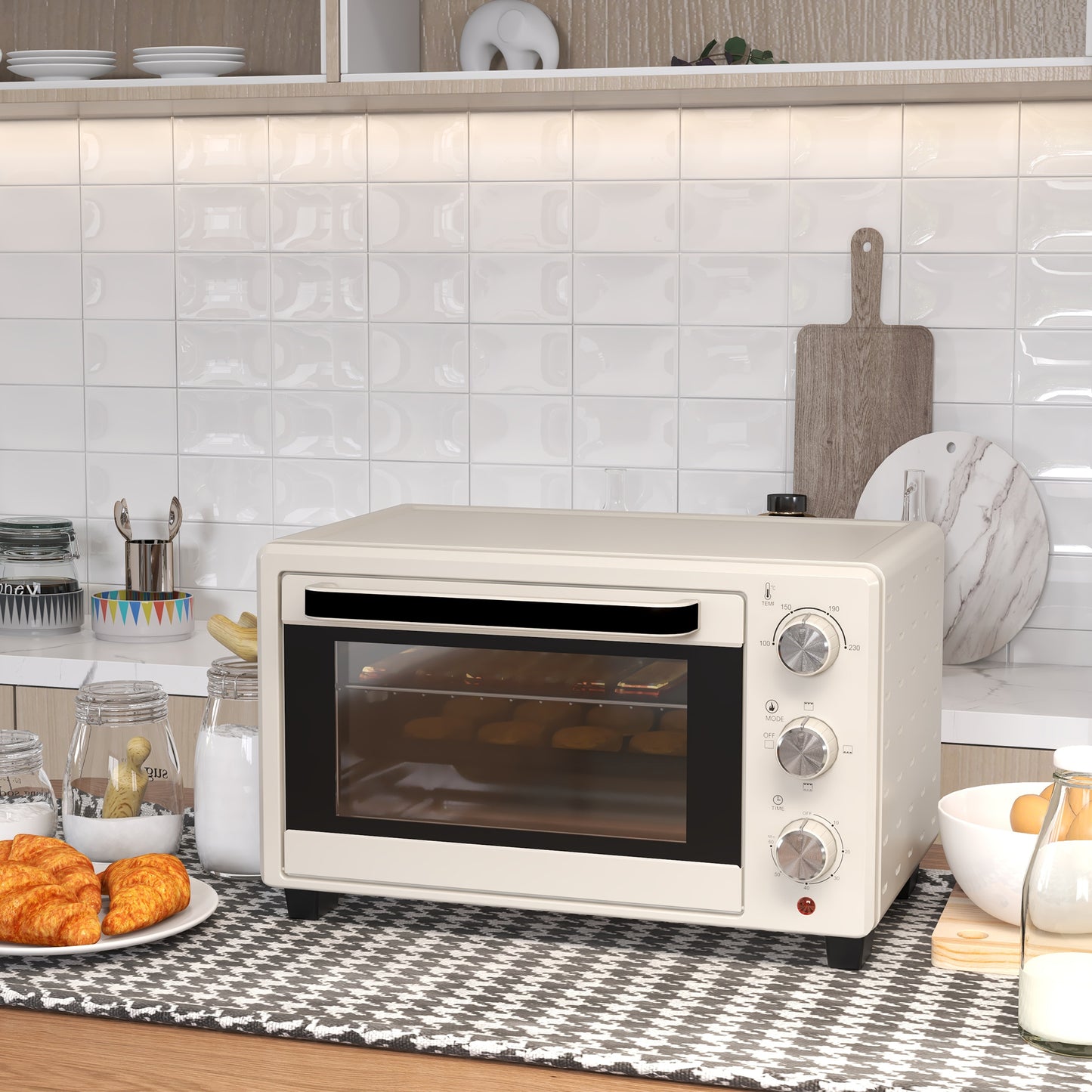 HOMCOM Minibackofen, Backofen kleine 21 L Toasterofen mit 1 Drahtgestell und 1 Backblech, 3 Kochmodi, 100 °C-230 °C, Edelstahl, Glas, Cremeweiß