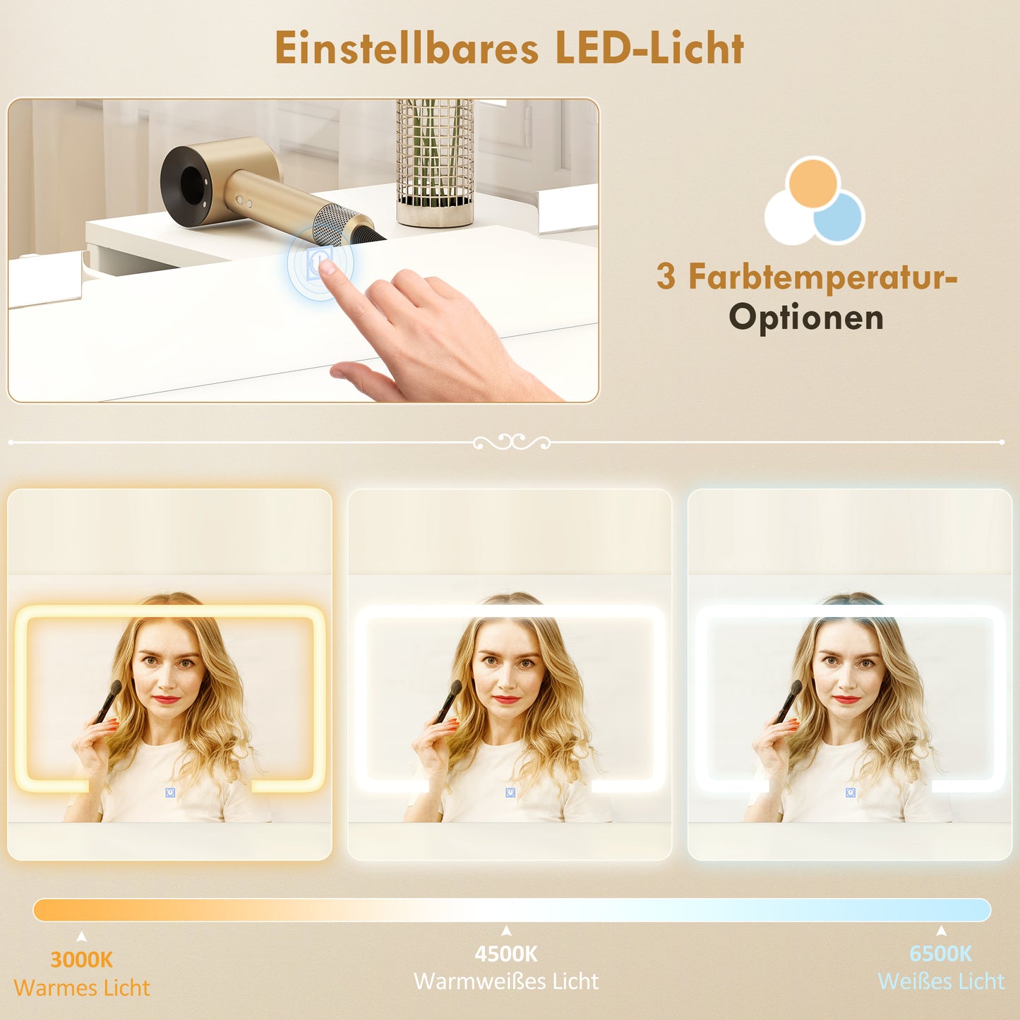 HOMCOM Schminktisch mit verstellbarem LED-Spiegel, Steckdosen, 6 Schubladen, 2 offene Regale, Weiß