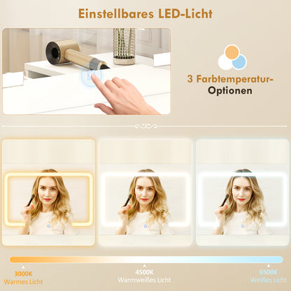 HOMCOM Schminktisch mit verstellbarem LED-Spiegel, Steckdosen, 6 Schubladen, 2 offene Regale, Weiß