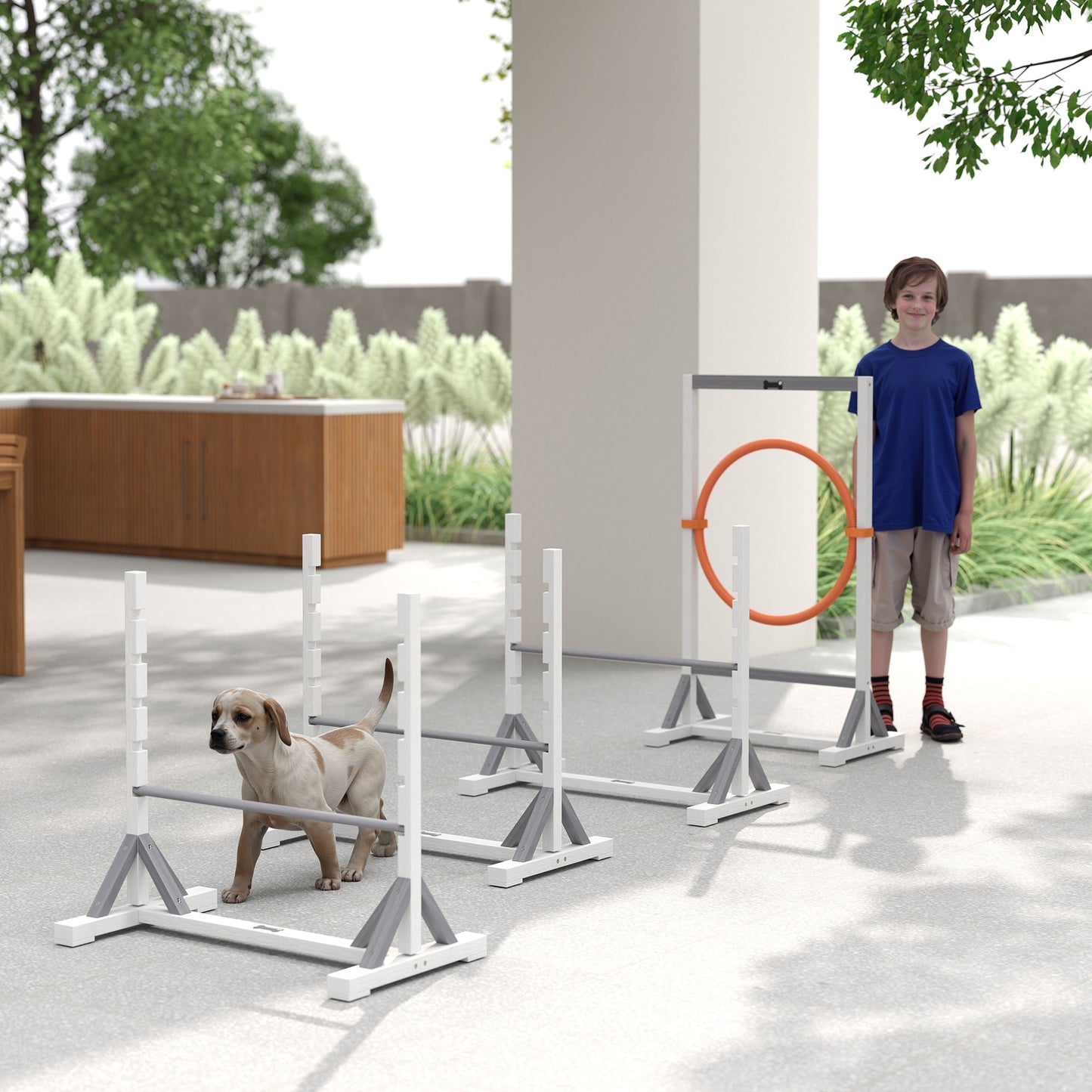 PawHut Agility Set Hunde 4-teiliges Agility-Ausrüstung für Hundetraining mit höhenverstellbar Hürden Reifen Weiß