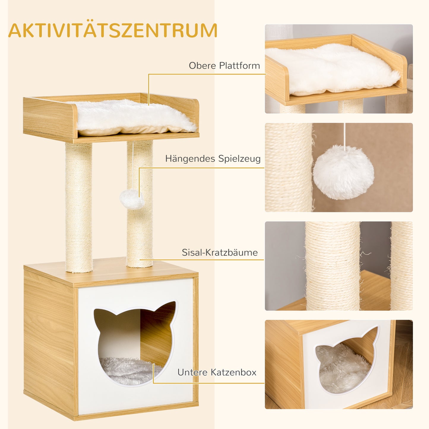 Pawhut Katzenhöhle mit 2 weichen Kissen Katzenbaum mit Katzenbett Spielzeug Kugel Katzenhaus, Sisal Natur 35 x 35 x 81 cm