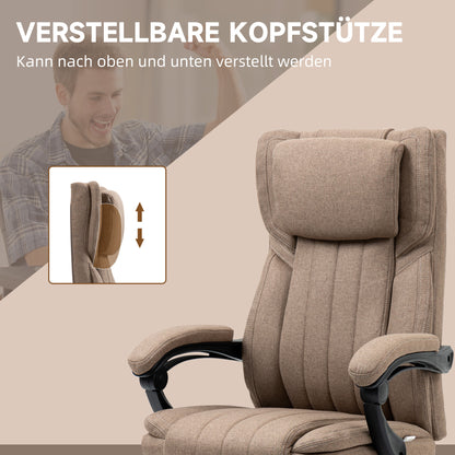 Vinsetto Bürostuhl med Massagefunktion, Neigbare Rücklehne, Ausziehbare Fußstütze, Leinenoptik, 65 x 61 x 118 cm, Braun