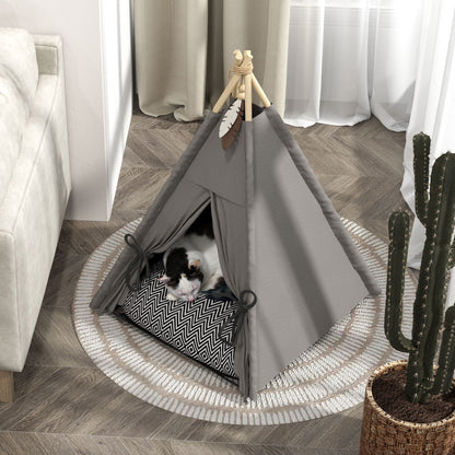 PawHut Tipi-Zelt für Haustiere, Tierbett im Tipi-Design, Katzenzelt mit Kissen, Hundebett zum Schlafen, Katzenbett, Grau