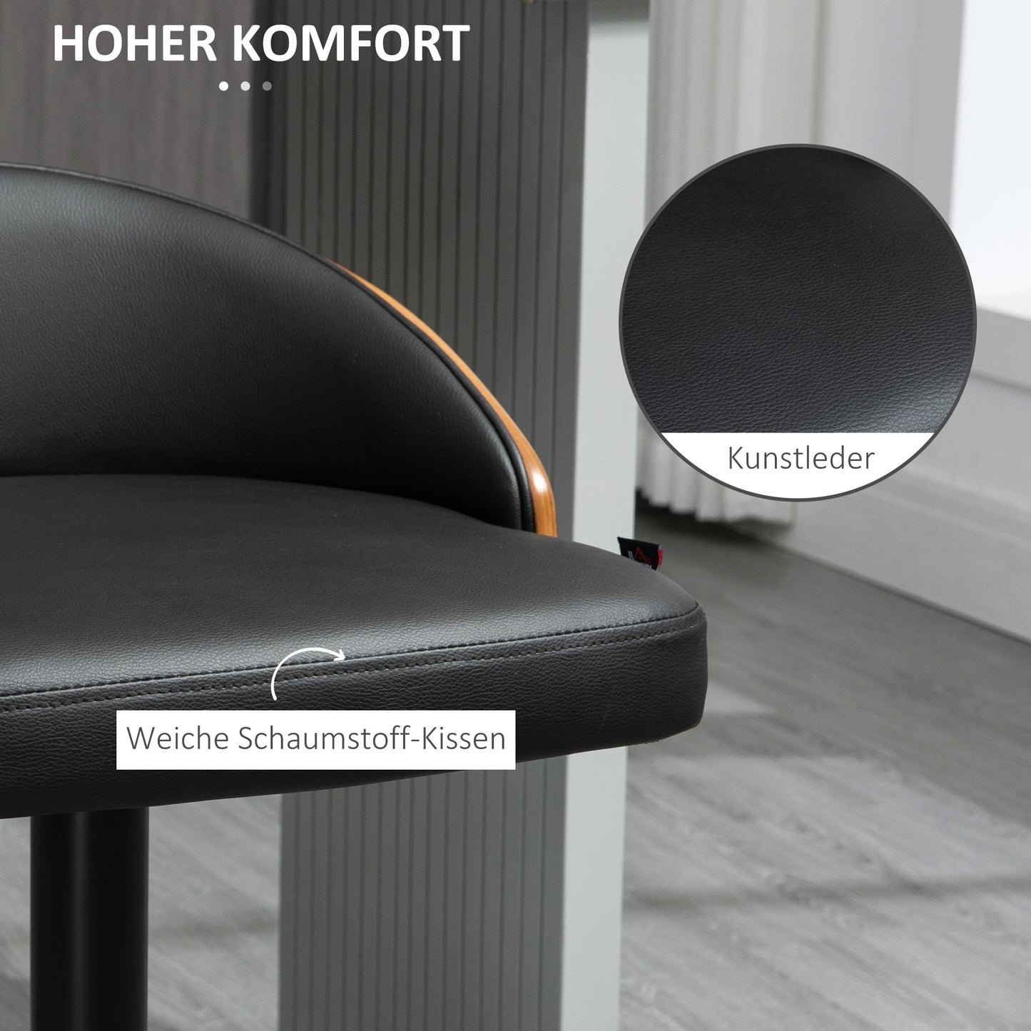 HOMCOM Barhocker 2er Set, Gepolstert Barstuhl aus Stahl und Massivholz, Höhenverstellbar Küchenstühle mit Fußstütze, 360° Drehbar, Tresenhocker für Küche, Wohnzimmer, Esszimmer, Schwarz+Kaffee
