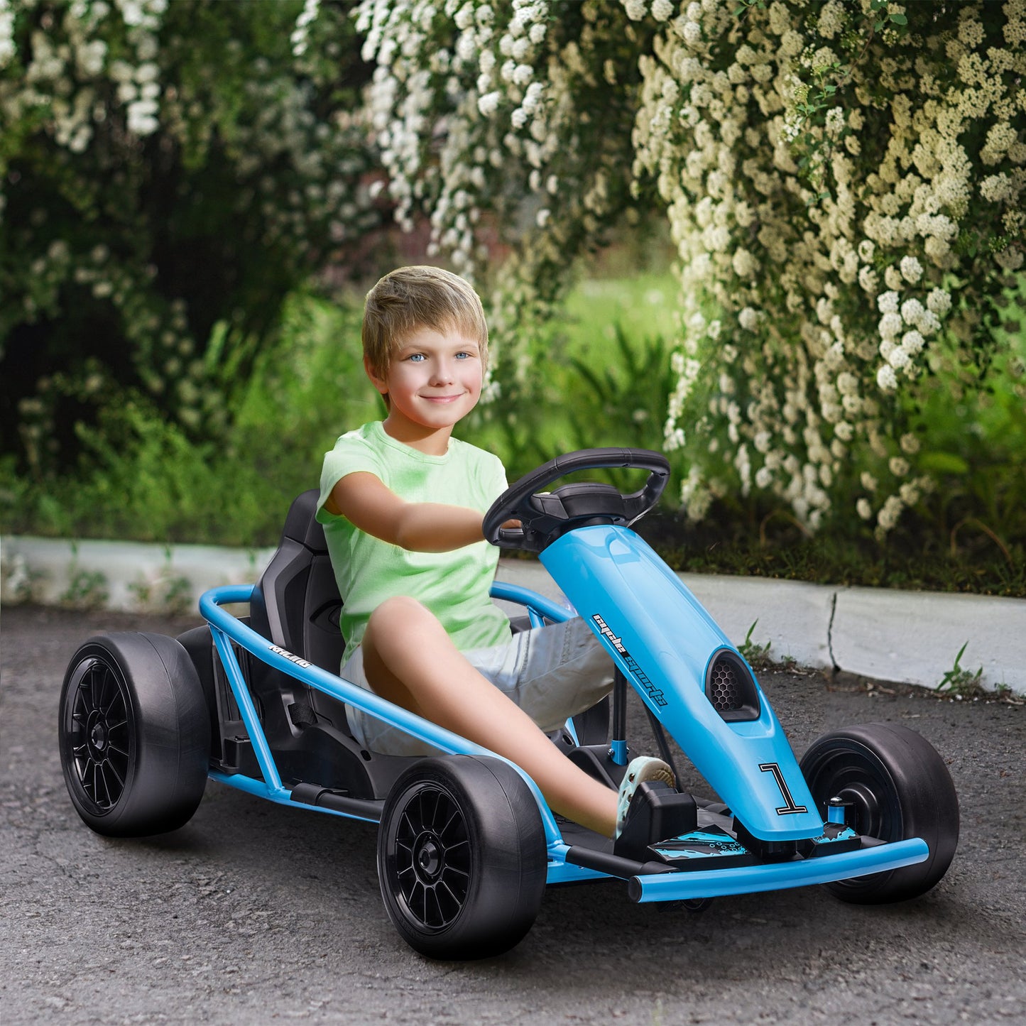 HOMCOM Elektro-Gokart für Kinder, Drift-Funktion, Hupe, Musik, Sicherheitsgurt, Soft-Start, Blau/Schwarz