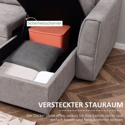 HOMCOM 3-Sitzer-Sofa mit Bettfunktion, Schlafsofa mit Chaiselongue, Polstersofa, Grau