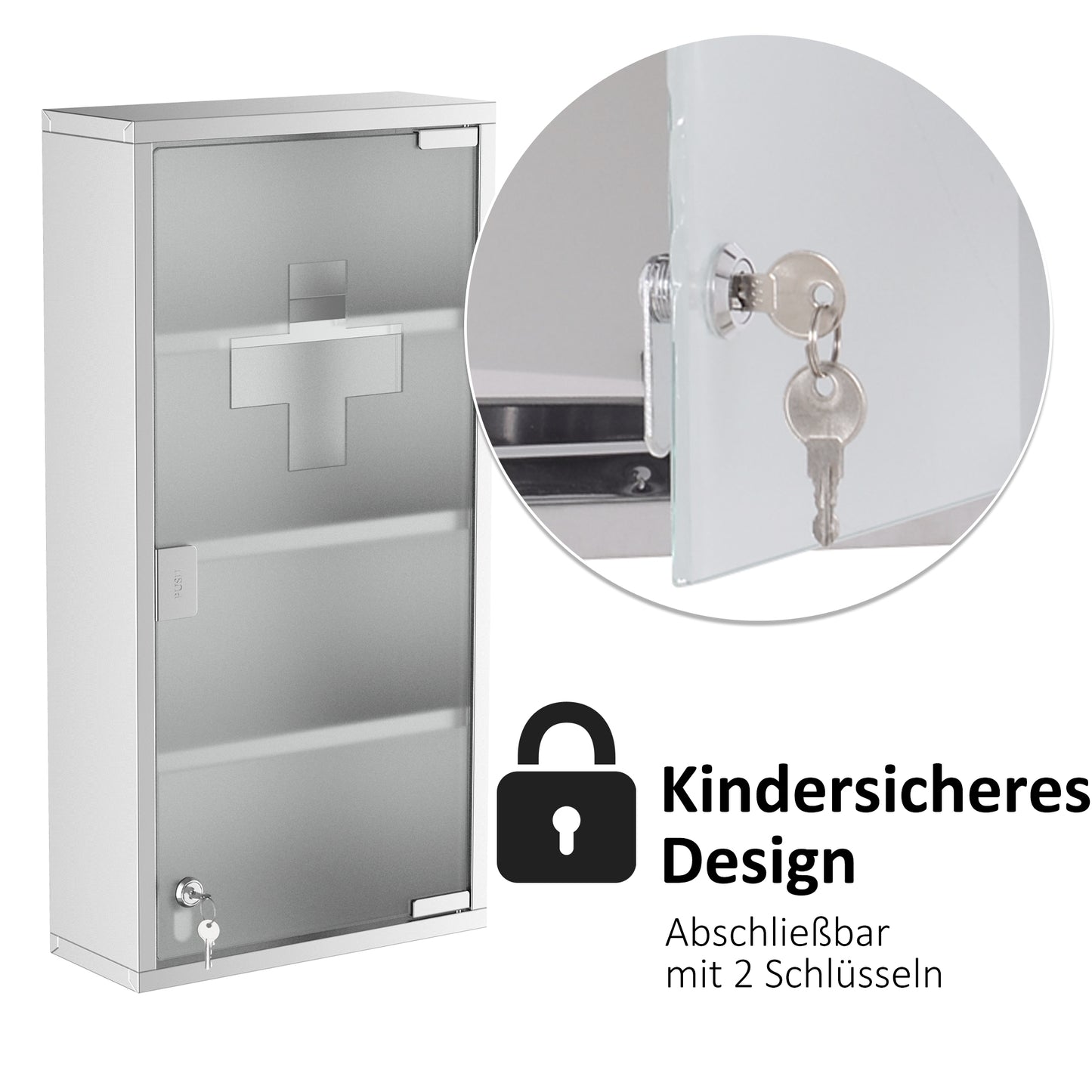 HOMCOM Medizinschrank Arzneischrank aus Edelstahl, Abschließbar Medikamentenschrank mit 4 Fächern, Glastür Apothekerschrank zur Medikamenten-Aufbewahrung, 30 x 12 x 60 cm