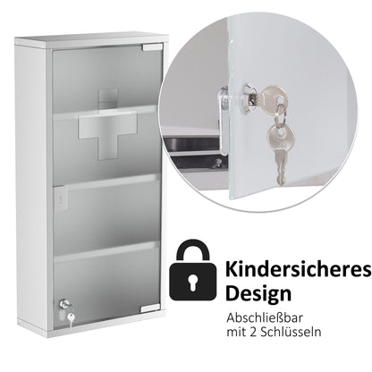HOMCOM Medizinschrank Arzneischrank aus Edelstahl, Abschließbar Medikamentenschrank mit 4 Fächern, Glastür Apothekerschrank zur Medikamenten-Aufbewahrung, 30 x 12 x 60 cm