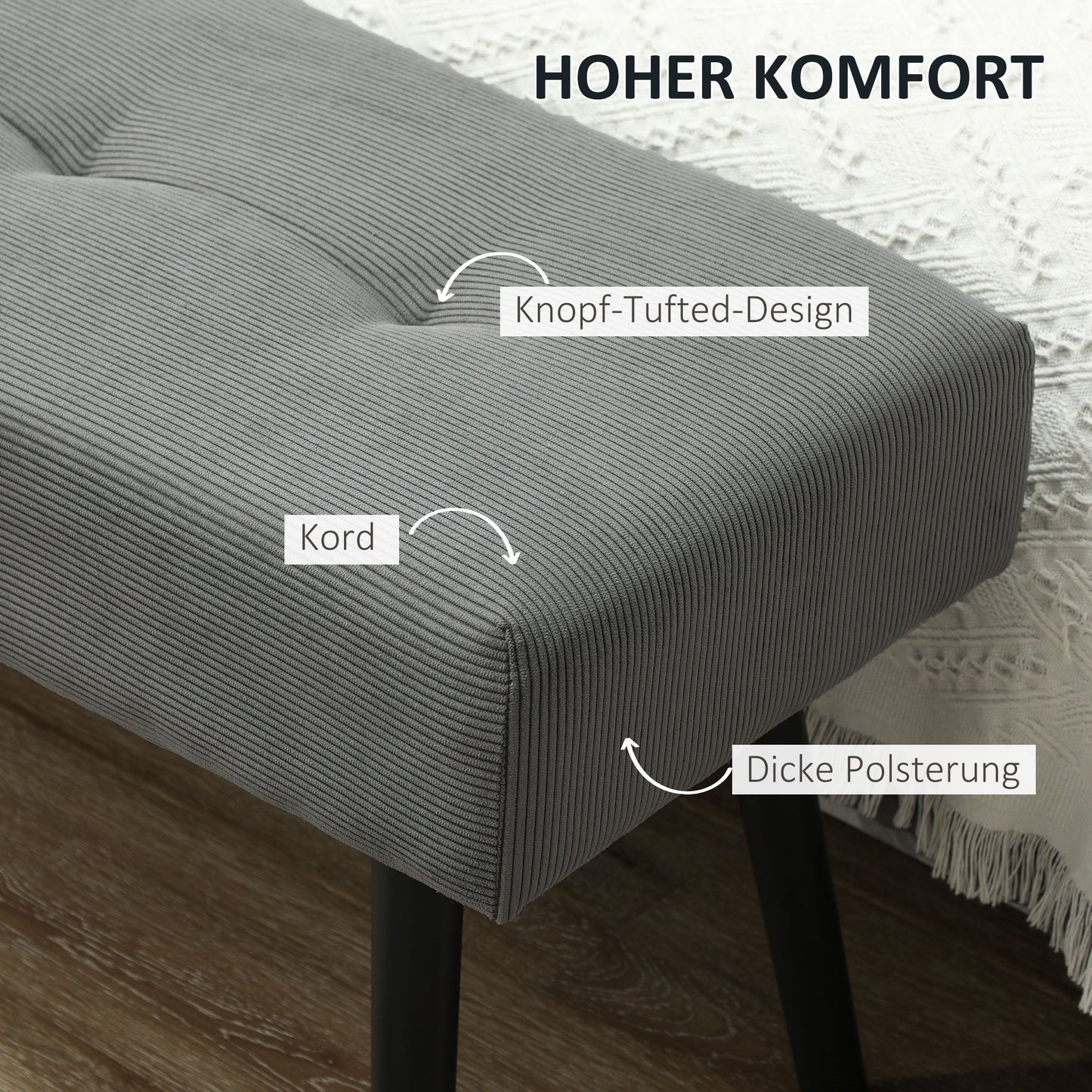 HOMCOM Sitzbank Polsterbank mit Cordbezug, Bettbank mit Metallbeine, Schuhbank 100 x 36 x 45 cm Grau