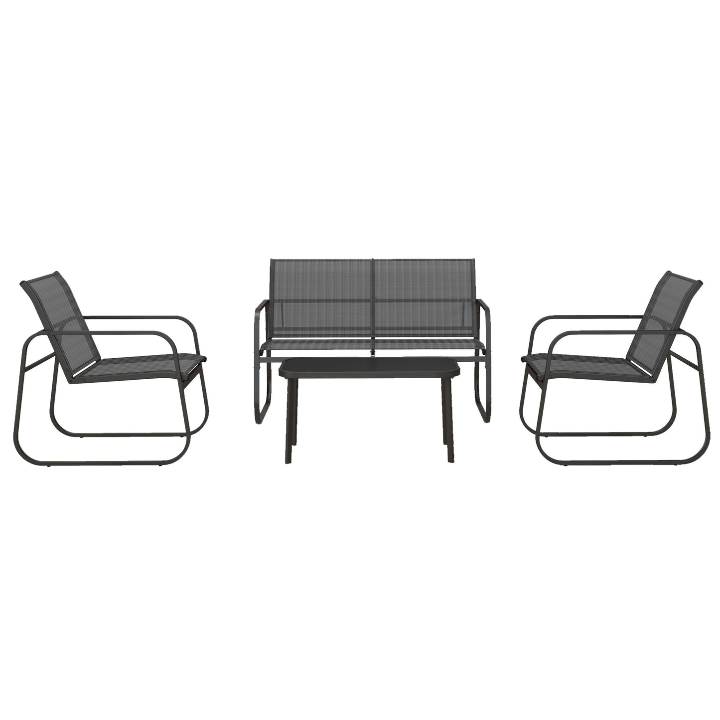 Outsunny 4-teilige Gartengarnitur, 2 Sessel, 2-Sitzer-Sofa, Tisch mit Glasplatte, atmungsaktiver Stoff, Metallrahmen, Schwarz