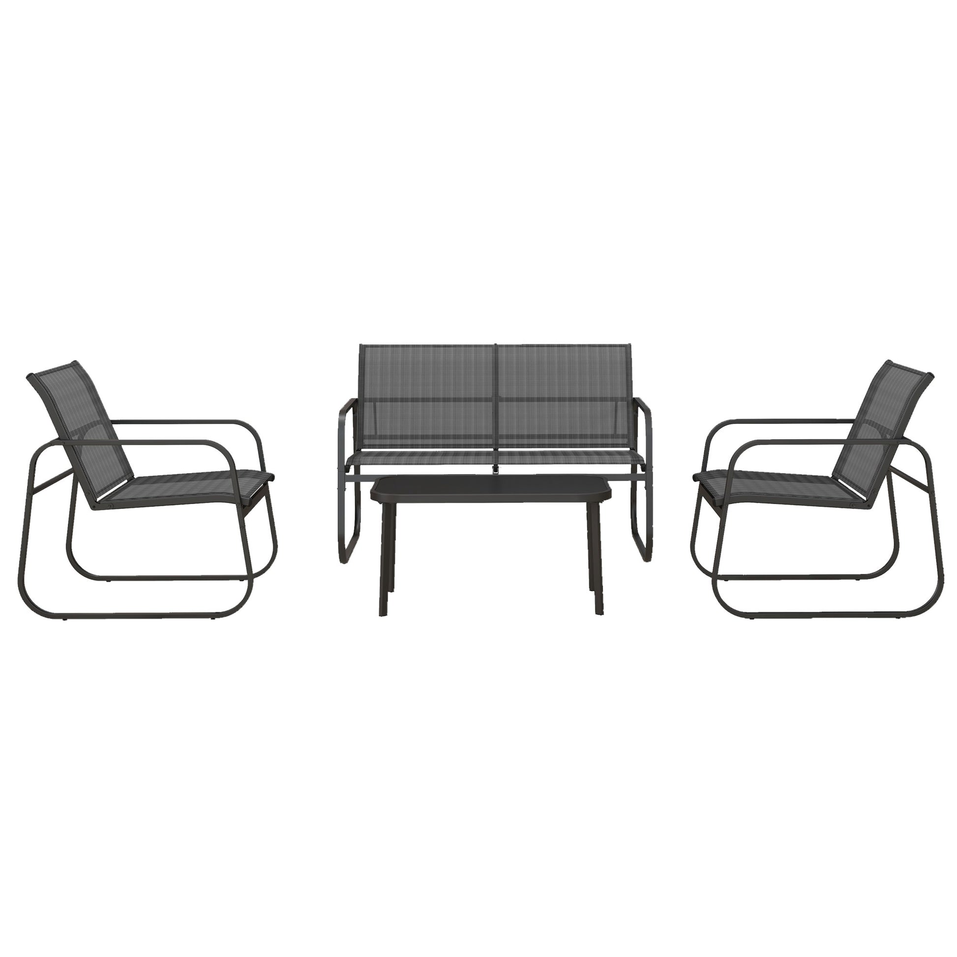 Outsunny 4-teilige Gartengarnitur, 2 Sessel, 2-Sitzer-Sofa, Tisch mit Glasplatte, atmungsaktiver Stoff, Metallrahmen, Schwarz
