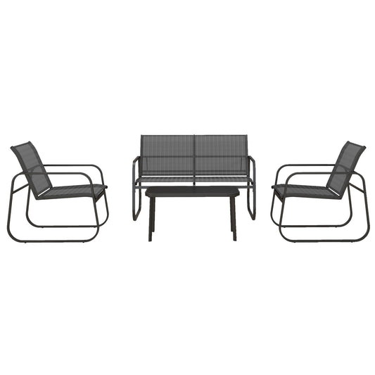Outsunny 4-teilige Gartengarnitur, 2 Sessel, 2-Sitzer-Sofa, Tisch mit Glasplatte, atmungsaktiver Stoff, Metallrahmen, Schwarz