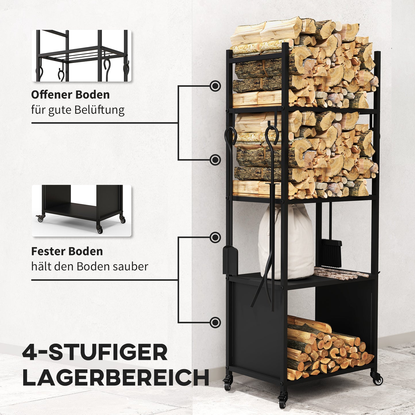 Outsunny 4-Ebenen-Feuerholzregal mit Rädern und 4 Werkzeugen, Brennholzregal aus Metall für den Innen- und Außenbereich, Schwarz