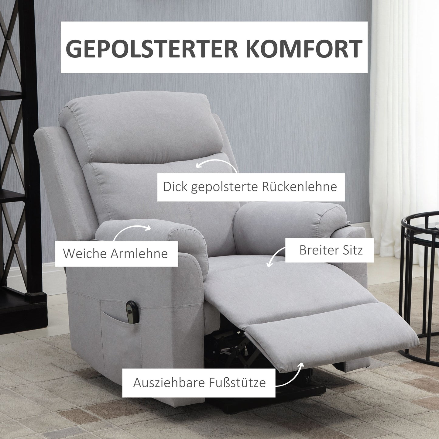 HOMCOM elektrischer Aufstehsessel Sessel mit Aufstehhilfe für Senior Relaxsessel TV Sessel mit schlaffunktion und aufstehhilfe Fernsehsessel Liegefunktion Leinen-Touch Hellgrau 83 x 89 x 102 cm