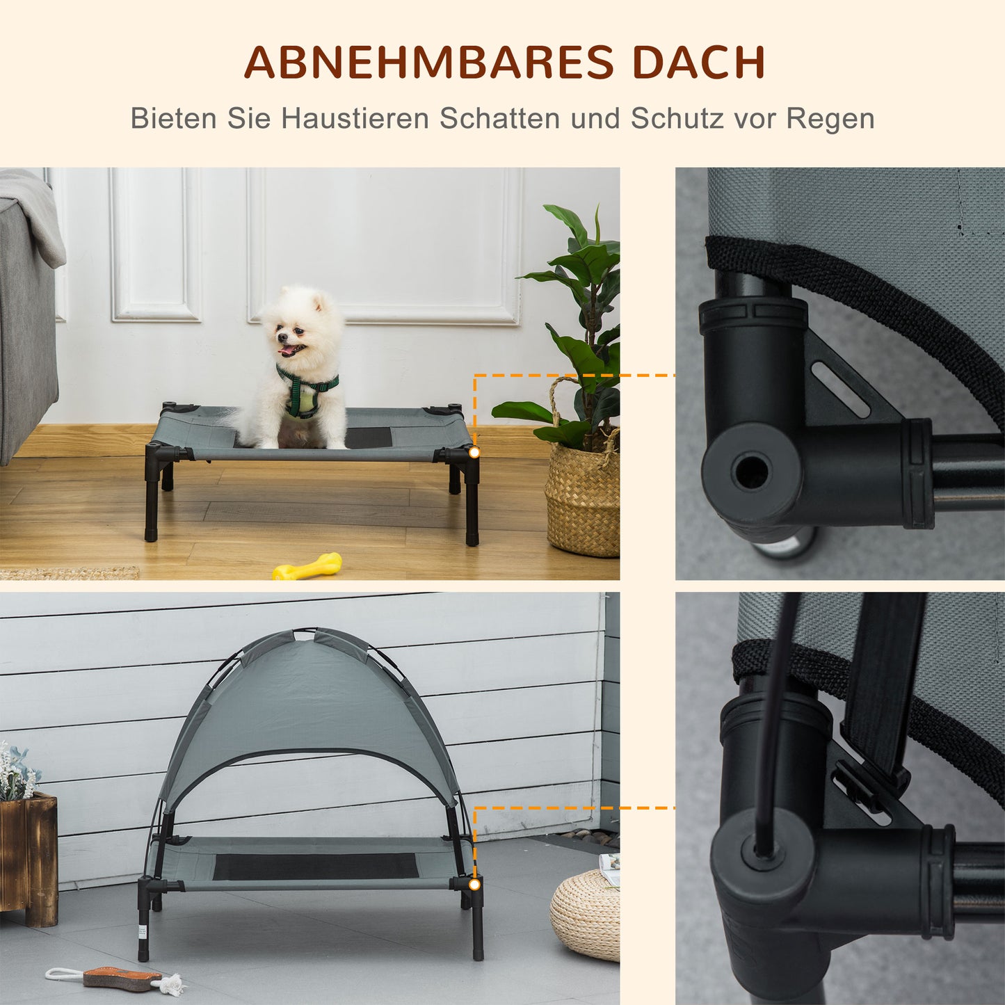 PawHut Erhöhtes Hundebett mit Baldachin, Haustierbett, Hundeliege outdoor mit Dach, Atmungsaktiv, Taftstoff für Camping Grau 61 x 46 x 62 cm