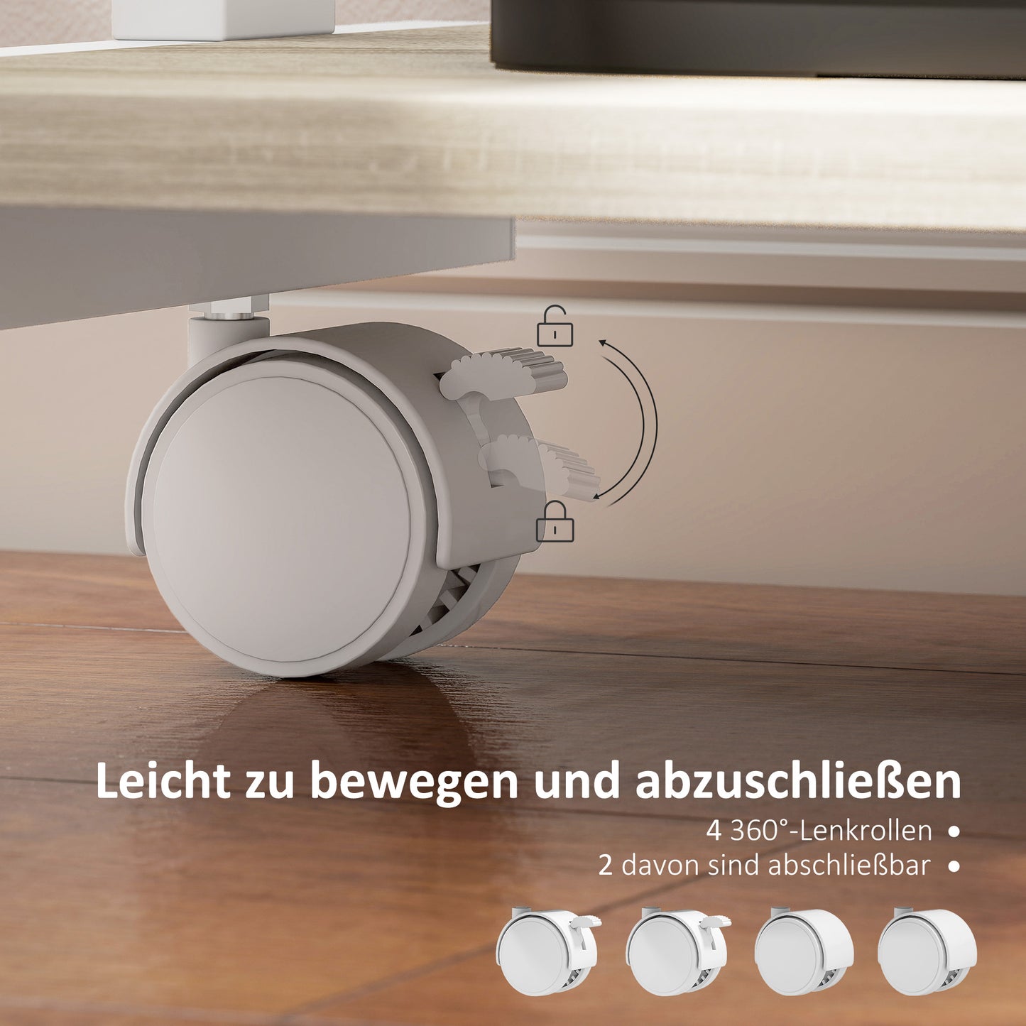 HOMCOM Roll-Schreibtisch mit Schublade und Regalen, 4 Räder, kompakt, Spanplatte, Metall