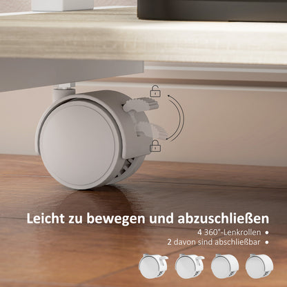 HOMCOM Roll-Schreibtisch mit Schublade und Regalen, 4 Räder, kompakt, Spanplatte, Metall
