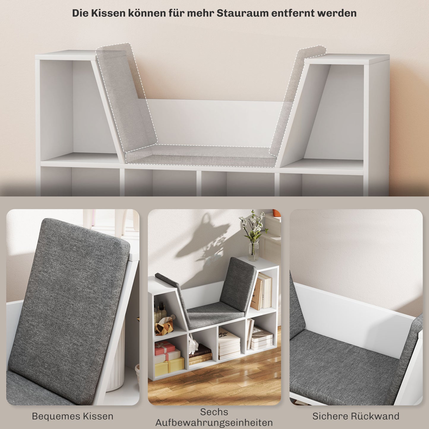HOMCOM Bücherregal mit Sitzfläche, 6 Fächer, gepolstert, 105 x 30 x 63 cm, Weiß