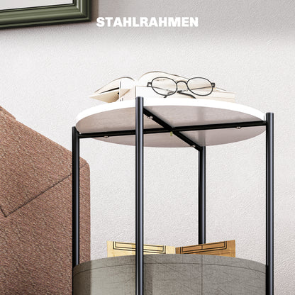 HOMCOM Runder Beistelltisch mit Stoffkorb, 2-stufiger Kaffeetisch für Wohnzimmer, Schlafzimmer, kleine Räume, Metall, Grau+Weiß