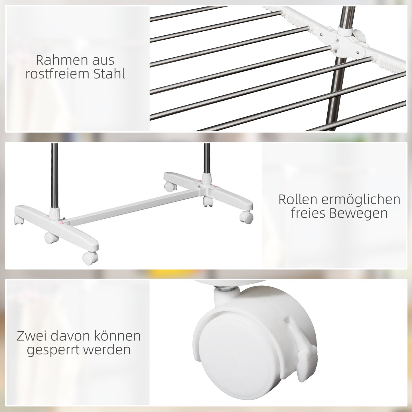 HOMCOM Turmwäscheständer ausziehbar Standtrockner mit 3 Ebenen, klappbare Flügel, Rollen, Wäschetrockner für Innen und Außen, Weiß, 83-136,5 x 45,5 x 154 cm