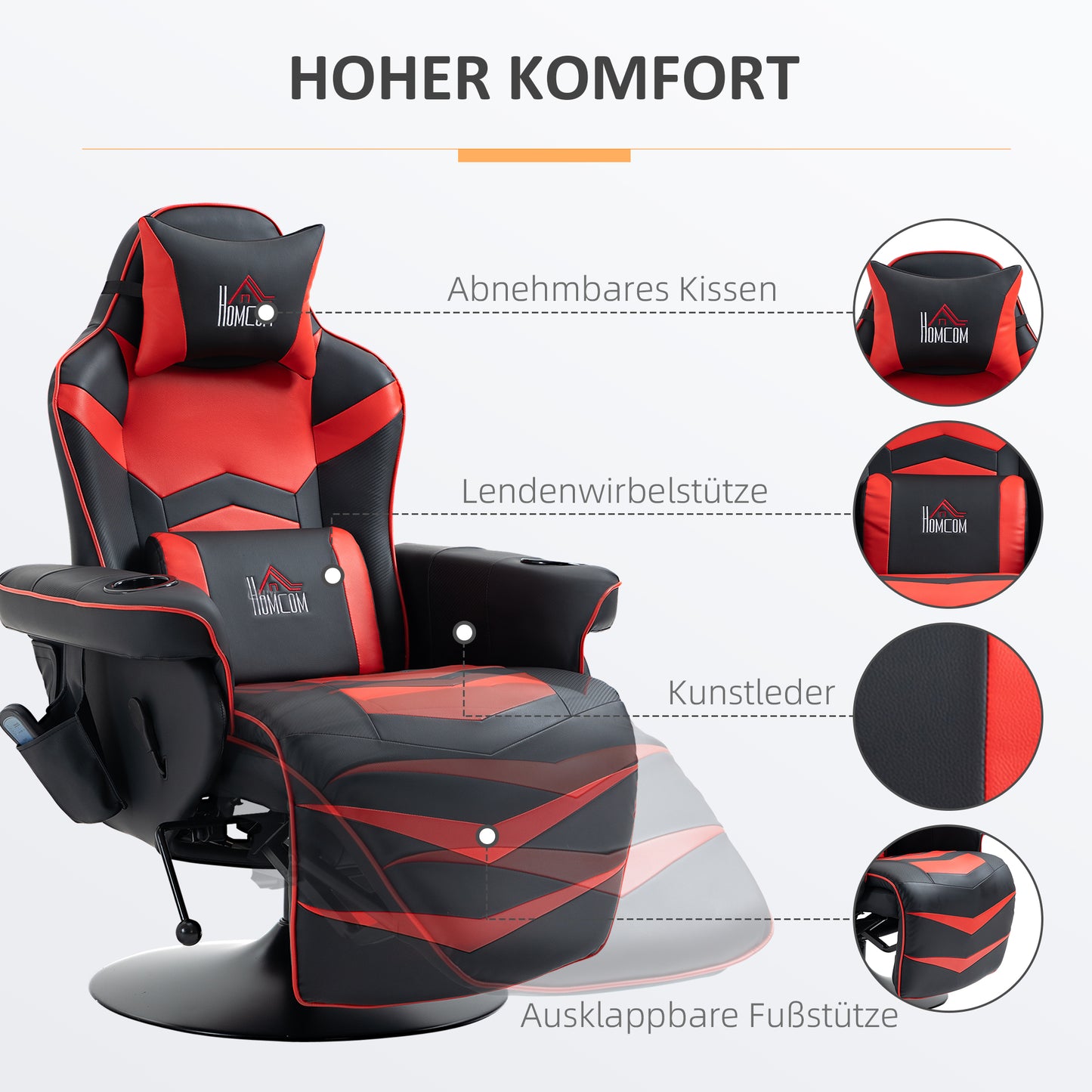 HOMCOM Gamingsessel, Massagefunktion, neigbare Lehne, Fußstütze, bis 120 kg, Stahlrahmen, Kunstleder, Rot