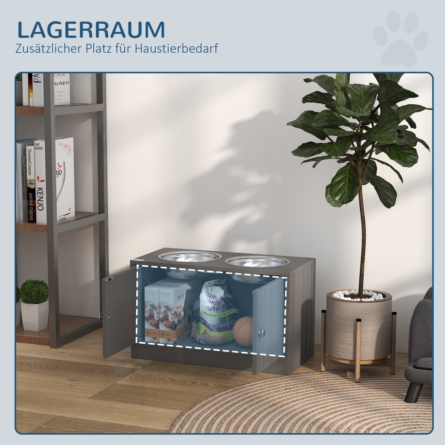 PawHut Erhöhte Futterstation mit 2 Edelstahlschüsseln und 44 L Staurum, Magnettüren, für große Hunde, Grau