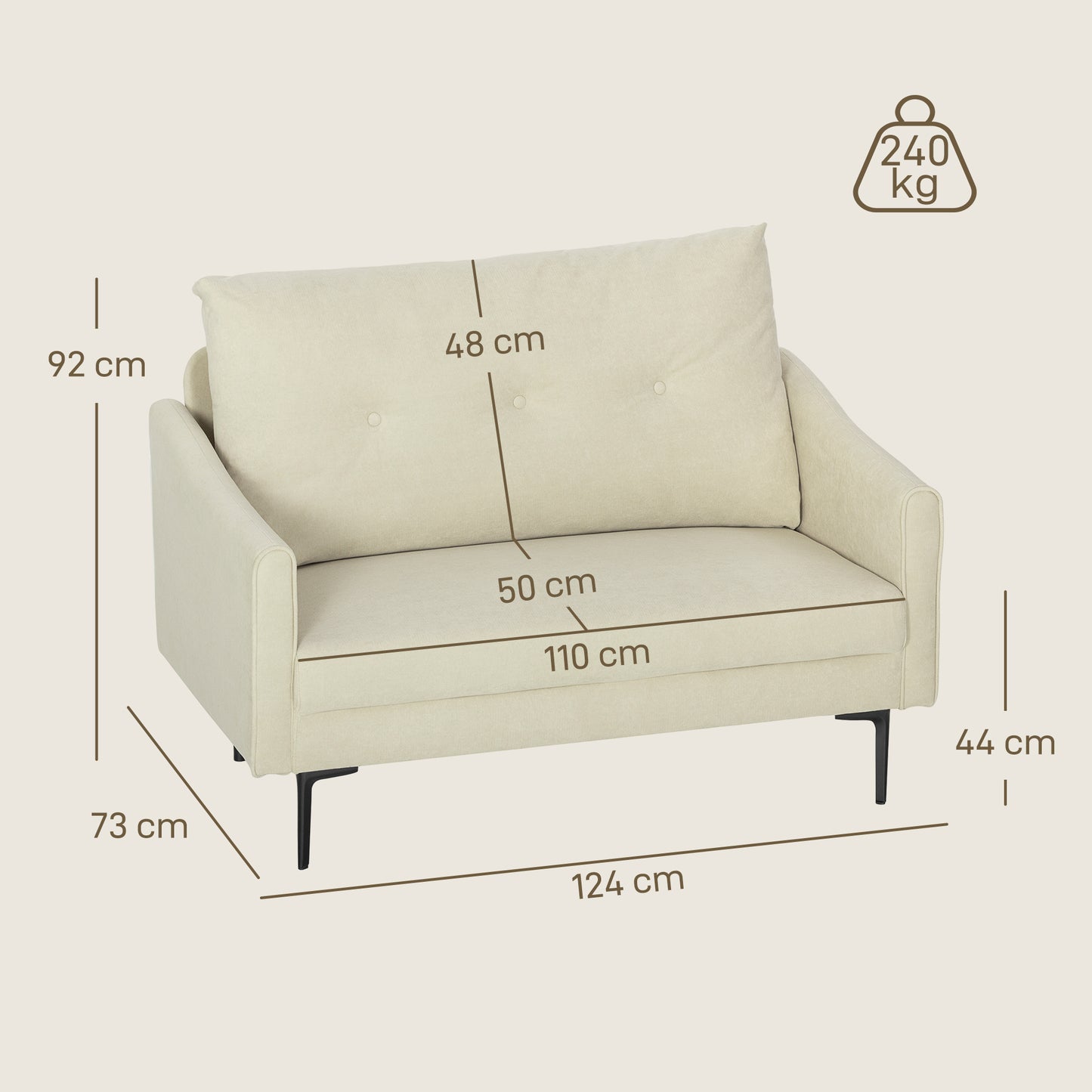 HOMCOM 2-Sitzer-Sofa mit Schaumstoff-Polsterung und Stoffbezug, für Wohnzimmer, Schlafzimmer, Metallrahmen, Cremeweiß