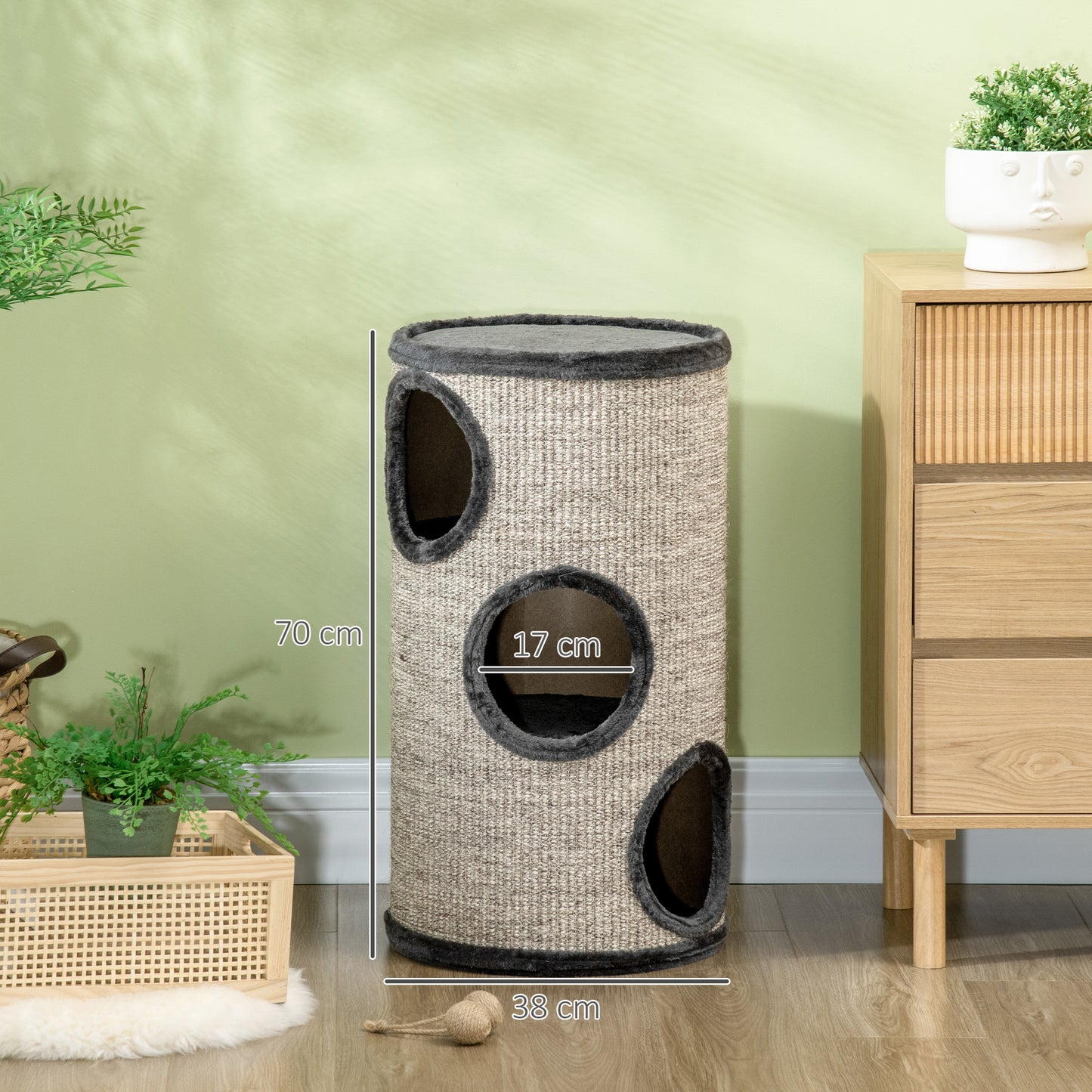 PawHut Kratztonne mit 3 Ebenen, inkl. Kratzfläche aus Sisalseil, Kratztonne für Katzen, 38 cm x 38 cm x 70 cm, Grau