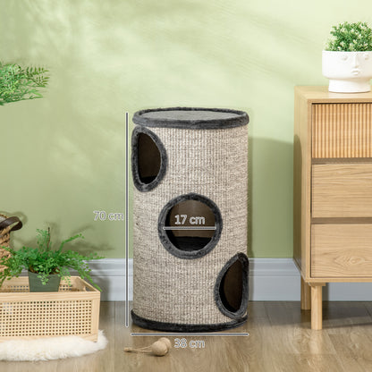 PawHut Kratztonne mit 3 Ebenen, inkl. Kratzfläche aus Sisalseil, Kratztonne für Katzen, 38 cm x 38 cm x 70 cm, Grau