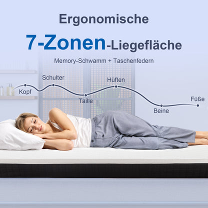 HOMCOM Ergonomische Matratze, Gedächtnis-Schaumstoff, 7-Zonen-Unterstützung, Taschenfedern