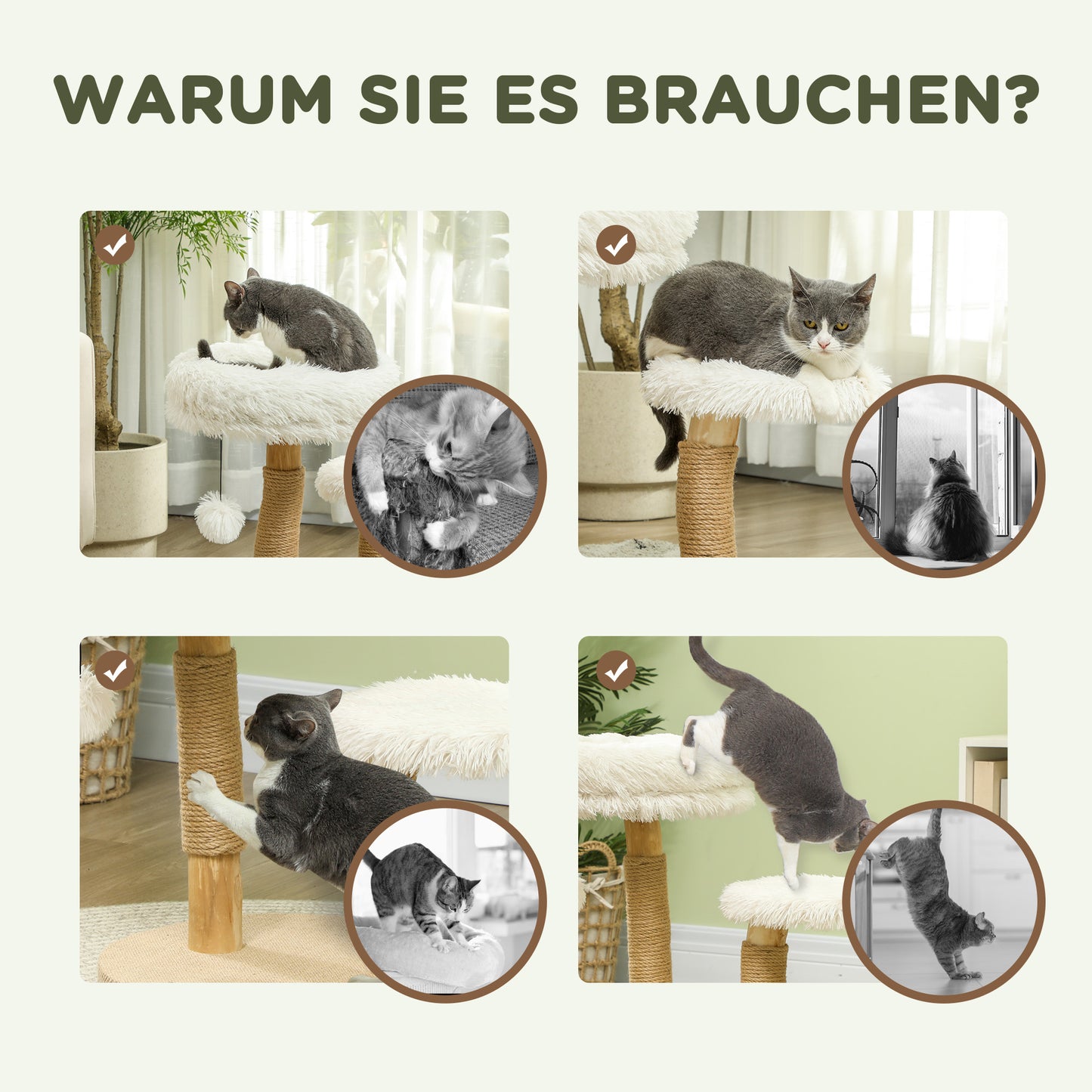 PawHut Katzenbaum, 61,5 cm, mit Katzenbett, Kratzpfosten, Sprungplattform, Spielzeugball, für Katzen bis zu 5 kg, Weiß