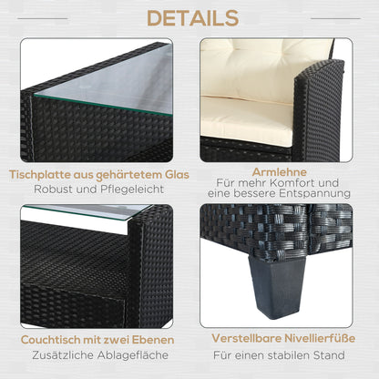 Outsunny Gartenmöbel-Set. 4-tlg., 2 Sessel, 1 Sofa, 1 Couchtisch, abnehmbare Polster, PE-Rattan, Schwarz