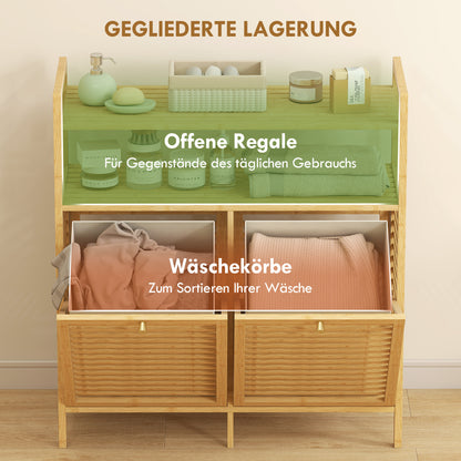HOMCOM Wäscheregal mit 2 Wäschekörben, freistehendes Bambusregal für Badezimmer, Waschküche, Naturholz+Cremeweiß