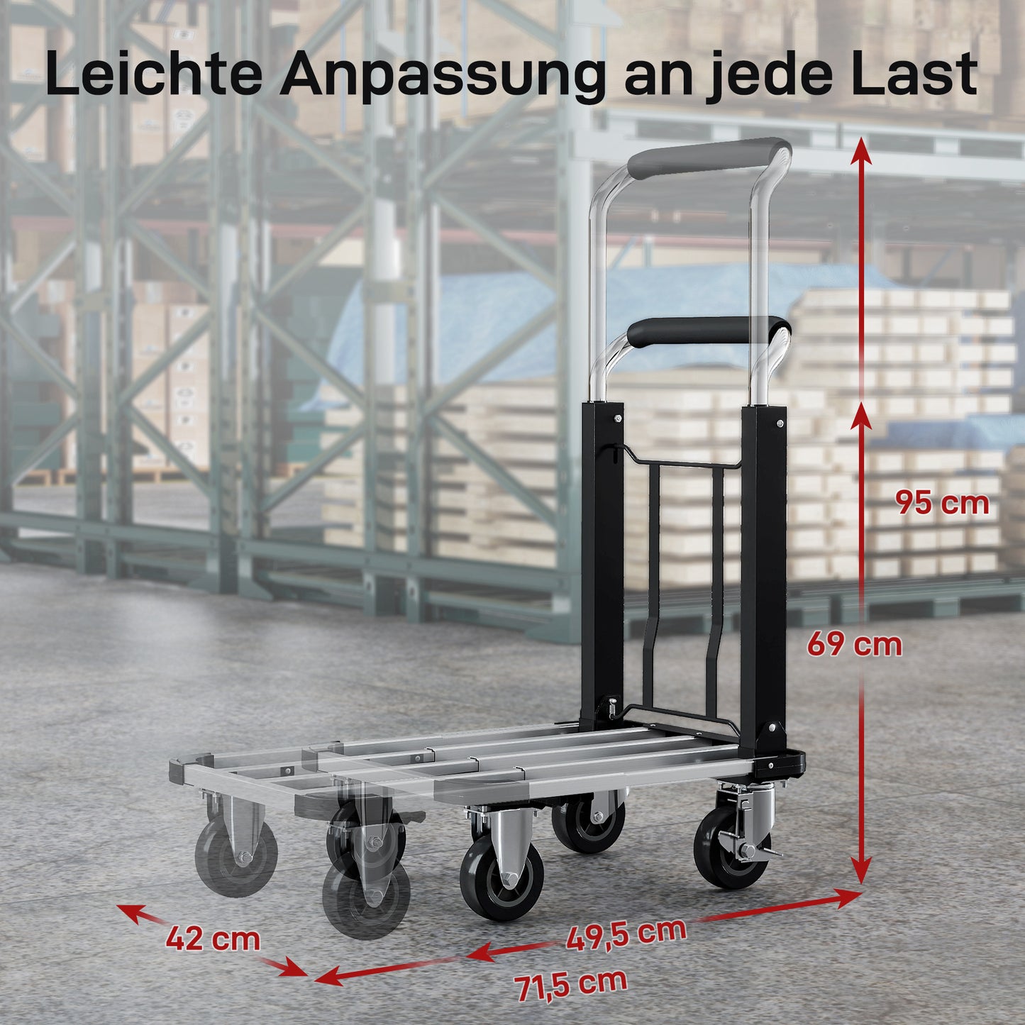 HOMCOM Faltbarer Handwagen, 150 kg Belastbarkeit, erweiterbare Fläche, höhenverstellbarer Griff, für Kisten, Metall, Schwarz