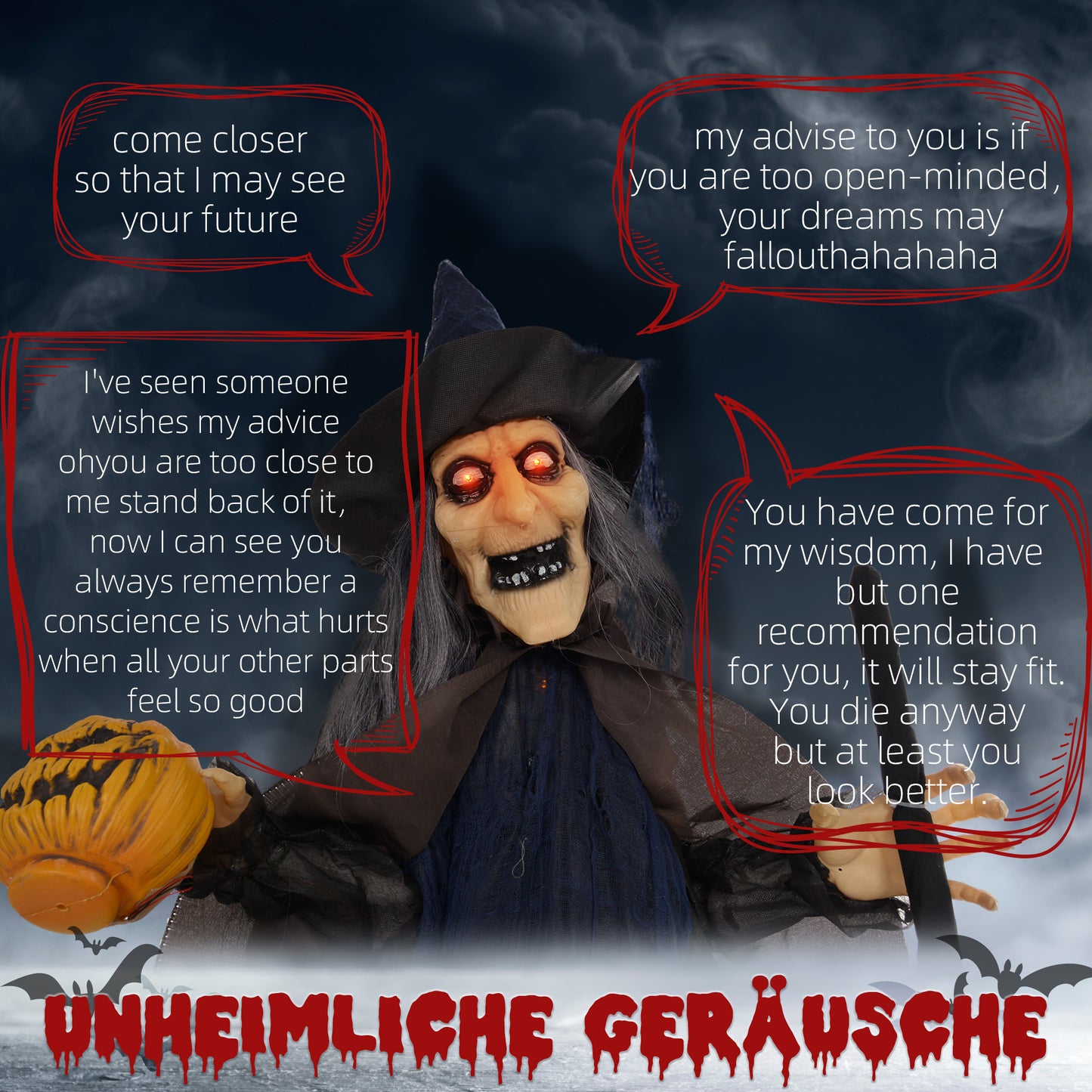 HOMCOM Halloweendekoration Hexe mit Besen, leuchtende Augen, gruselige Geräusche, biegsame Arme, 107x65x190 cm