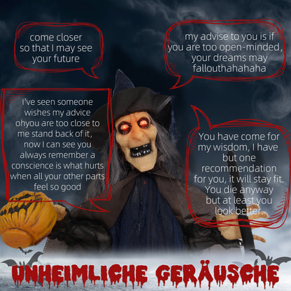 HOMCOM Halloweendekoration Hexe mit Besen, leuchtende Augen, gruselige Geräusche, biegsame Arme, 107x65x190 cm