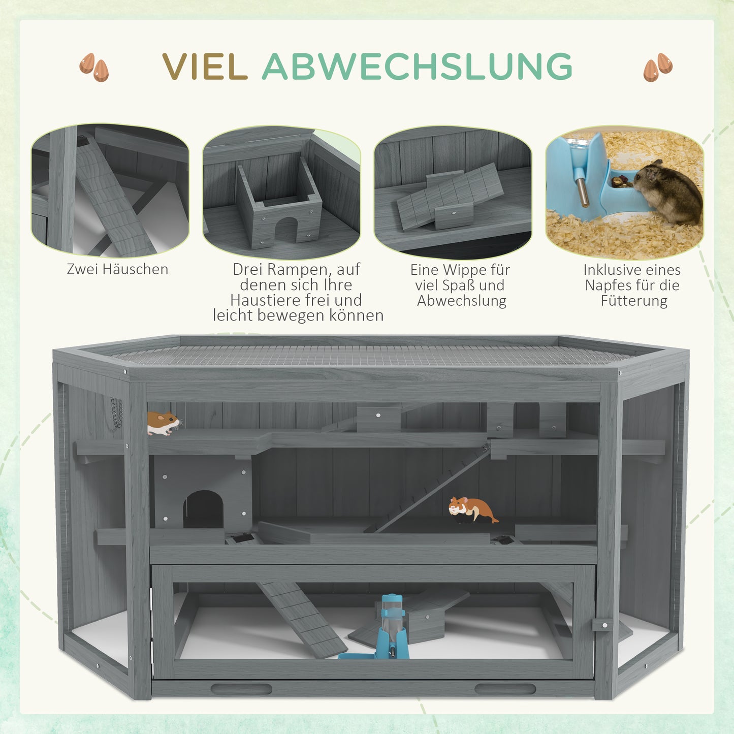 PawHut Hamsterkäfig, 3 Etagen, herausnehmbare Wanne, Holz/Metall, 115x60x55 cm