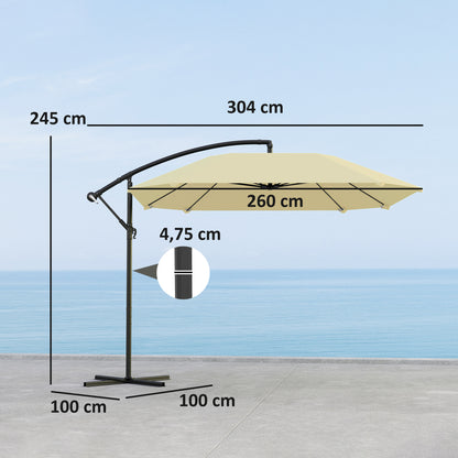 Outsunny Ampelschirm Alu Ø 260 cm Sonnenschirm, wasserdicht Kurbelschirm mit Ständer, Kurbel, Beige