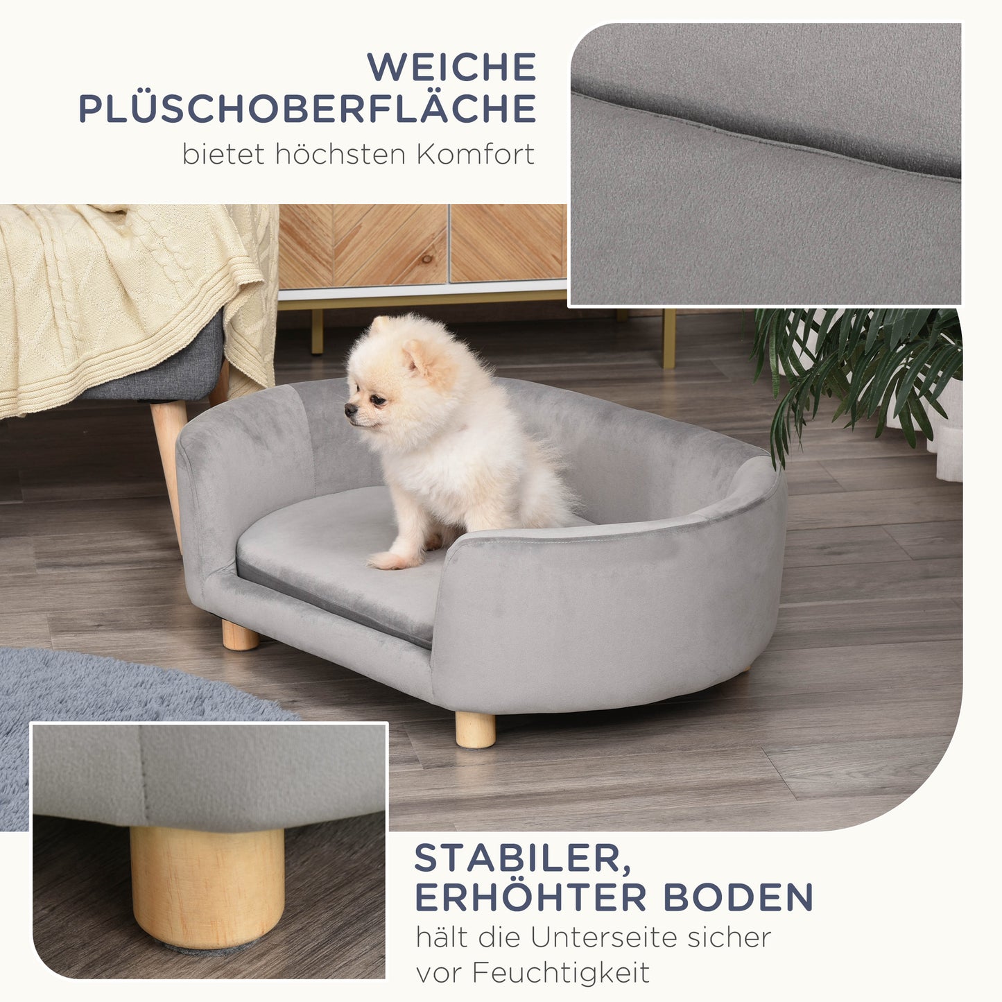 PawHut Haustiersoffa Hundesofa Hundebett mit Holländischer Samt Schaumstoff Birke Bein für Katzen Hunde 86 x 55 x 33 cm Hellgrau
