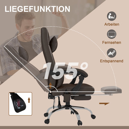 Vinsetto Bürostuhl med Massagefunktion, Ergonomischer Schreibtischstuhl med Liegefunktion, Kopfkissen, höhenverstellbar, Braun
