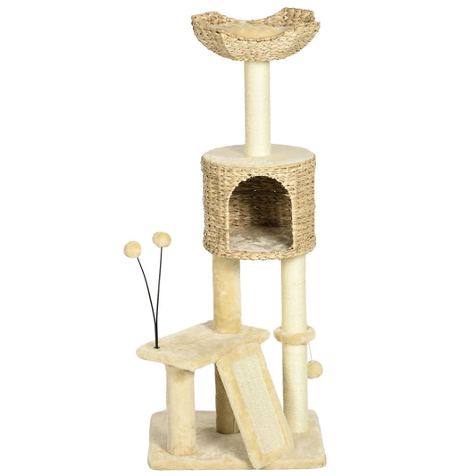 PawHut Kratzbaum mit Katzenhöhle, Liegeplattform, Spielball, 45x40x116cm, Braun/Beige