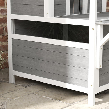 PawHut 2-stöckiges Katzenhaus mit Balkon, Wetterfeste Katzenhütte, Regen- und Sonnenschutz, für drinnen und draußen, Hellgrau