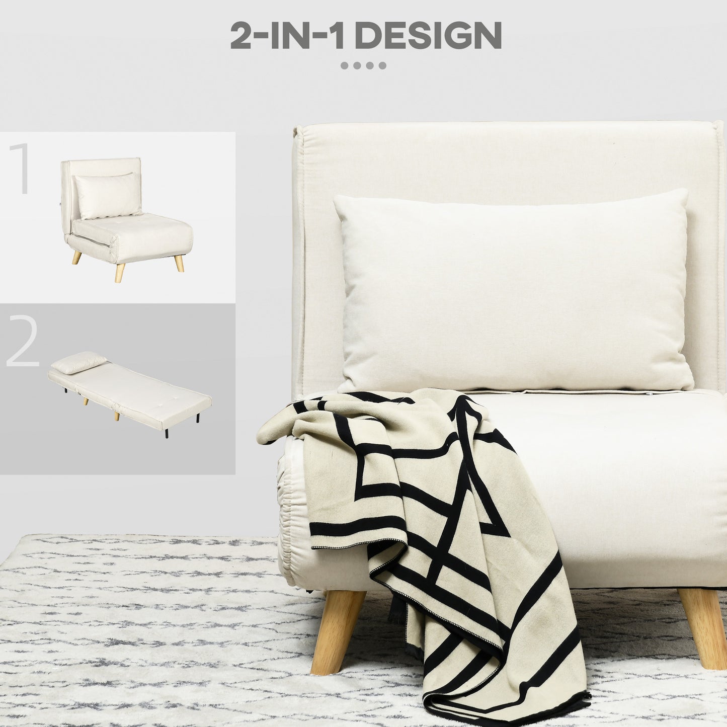 HOMCOM Schlafsessel, 6-stufig verstellbare Lehne, Leinenoptik, bis 120 kg, Creme