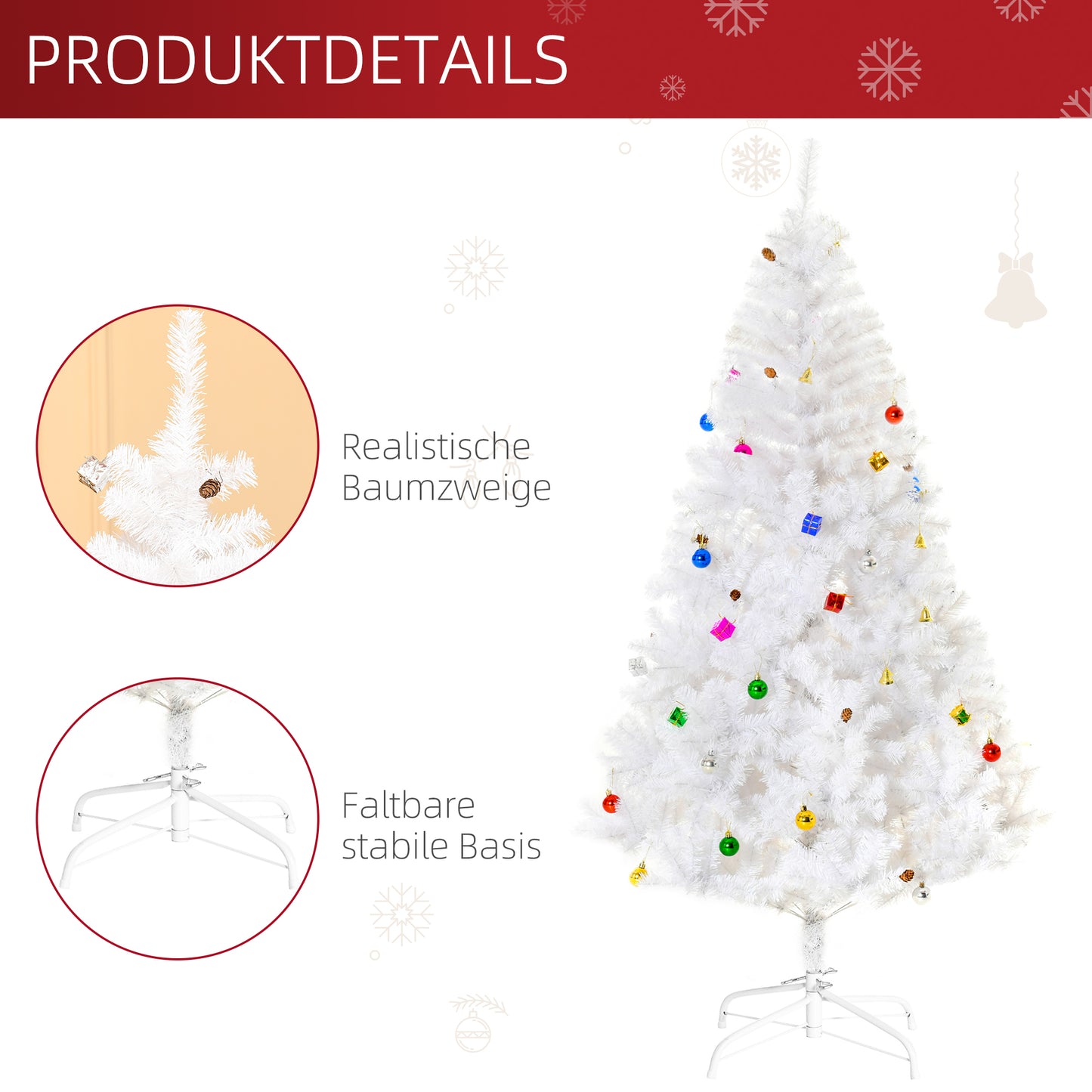 HOMCOM Künstlicher Weihnachtsbaum 180 cm künstlich Tannenbaum mit Kugeln, Glocken, Trommeln, Geschenkboxen, Christbaum mit 930 Spitzen, 12 Tannenzapfen Weihnachtsdeko inkl. Metallständer für drinnen